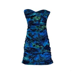 Forever 21 Blue floral ruched strapless minidress S party sexy Vegas club f21